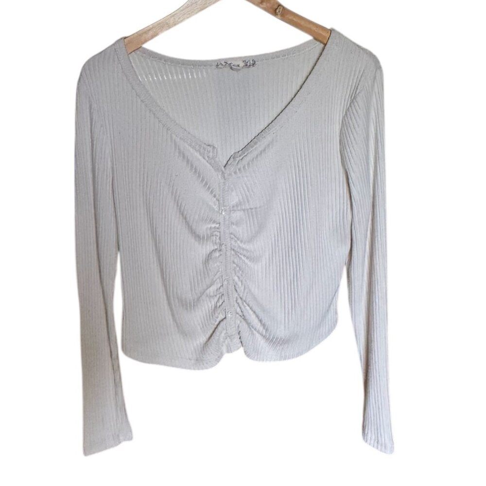 Pink Republic- Ruched & Ribbed Cream Button Top